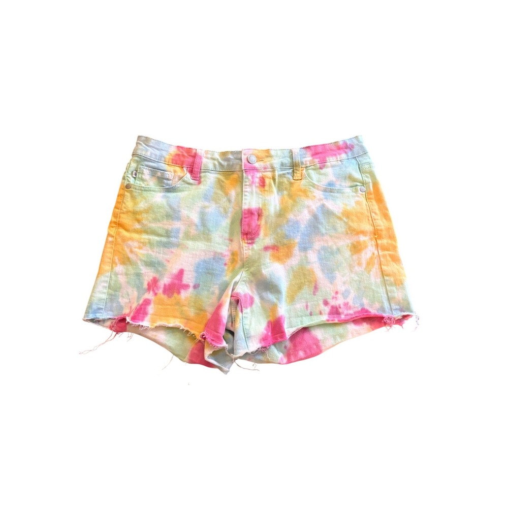 Judy Blue Tie Dye Denim Cutoff Shorts Womens L Mid Rise Raw Hem Festival Y2K